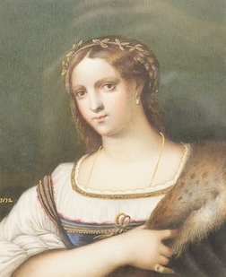 After Sebastiano del Piombo (Italian, c.1485-1547), 'Portrait of a woman', 19th century, after the 1512 original, watercolour and gouache, 15 x 12cm